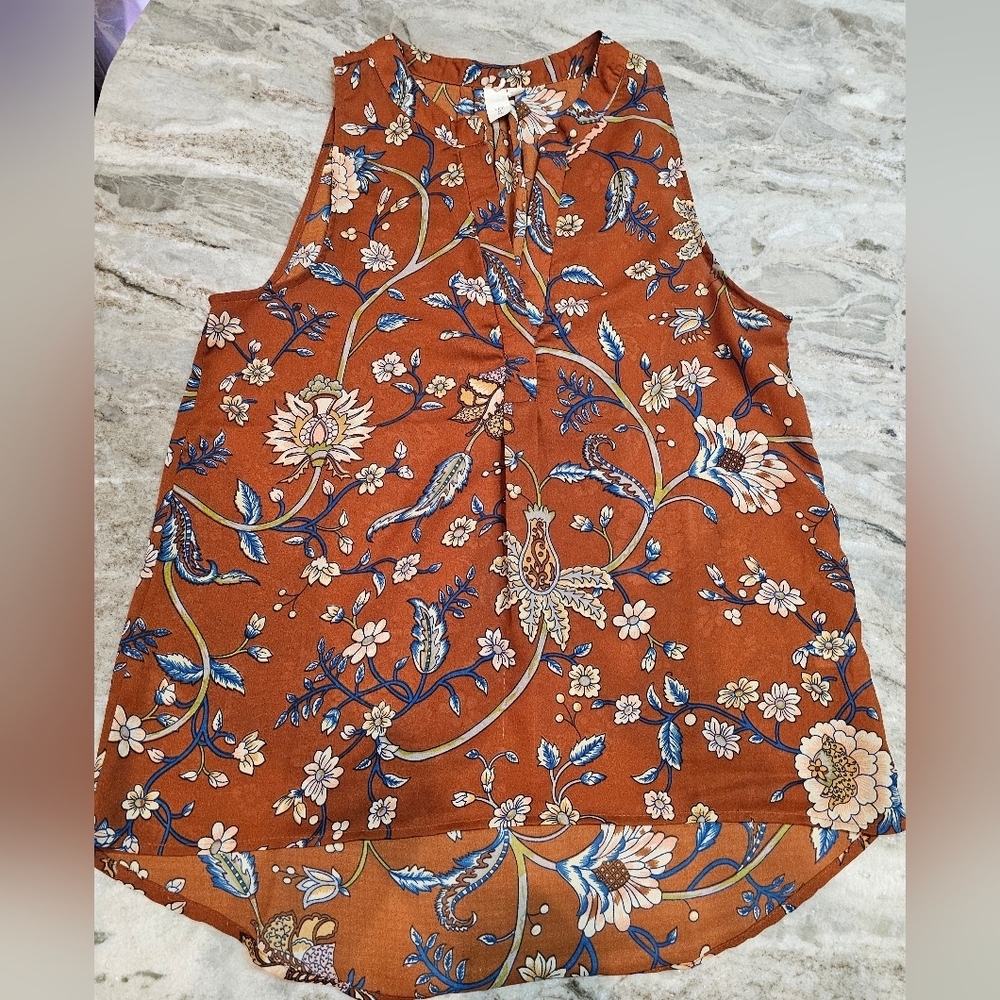 Let It Be Rust Floral Sleeveless Blouse Women’s Medium Boho Top Made in India